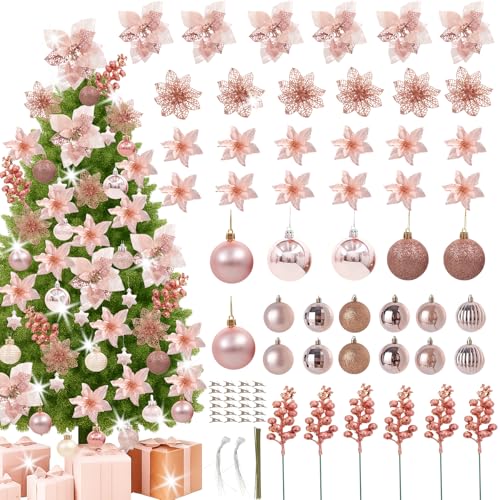 48PCS Christmas Tree Decorations Set, Rose Gold Christmas Ornaments Set Includes Ball, Artificial Poinsettia Flowers and Berries, for Xmas Tree Decor (Rose Gold)