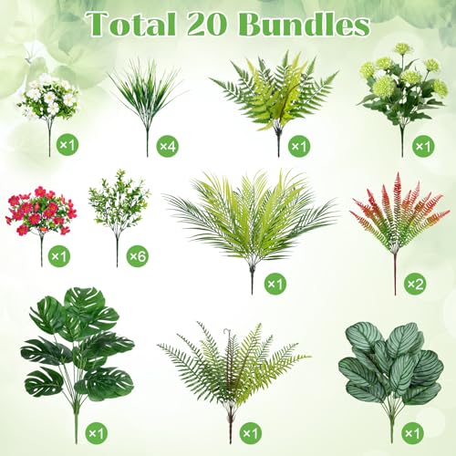 20 Pcs Artificial Plants Outdoor Fake UV Resistant Artificial Flowers Greenery Stems Boston Fern Faux Shrubs Plastic Plants for Garden Porch Planter Window Box Home Decor - color: Green