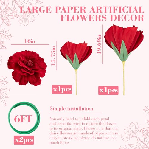 2 Pcs 5ft Large Peony Flowers Giant Artificial Red Peony Standing Huge Handcrafted Flower for Window Reception Banquet Ceremony Floral Decor Garden Hotel Office Birthday Wedding Party