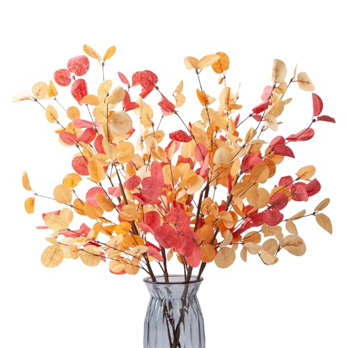 6pcs Eucalyptus Stems Fake Orange Red Autumn Leaves Artificial Silk Flowers Fall Decor Bouquet Faux Branches Centerpiece Flores Plants for Home Party Decor Wedding Decoration - color: 6pcs-orange