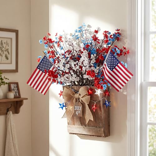 Tigeen 14 Pcs 4th of July Decor Red White Blue Artificial Flower Patriotic Decoration Fake Baby Flower with 2 Flag 250th Anniversary Table Centerpiece for Memorial Veterans Independence Day Home Decor - style: Baby Breath