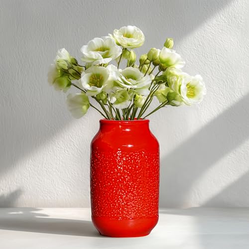 Red Ceramic Vase for Home Decor - 9 Inch Boho Modern Flower Vase for Pampas Grass, Pottery Decorative Vases for Centerpiece, Living Room, Mantle, Bookshelf, Table Decor - color: Red