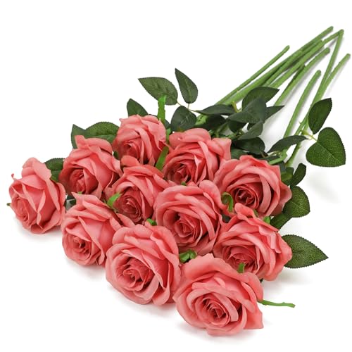 Pink Fake Roses Artificial Flowers - 10 Pcs Fake Artificial Roses Silk Flowers with Stems for Home Wedding Hotel Office Centerpiece Decor（Dusty Pink） - color: Dusty Pink, size: 10 Pcs