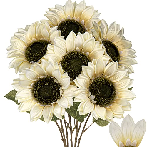 Hollyone Large Silk White Sunflowers Artificial Flowers 26" Long Stem Sunflowers Fake Flowers 6PCS Faux Vintage Fall Sunflowers Bouquet Bulk for Home Wedding Birthday Party Centerpieces Decorations - color: Yellow Cream
