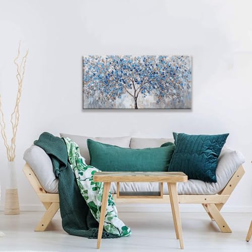 Blue White Tree Leaves Wall Art Decor Canvas Prints Ready To Hang Room Wall Decor Wall Pictures For Living Room Office Kitchen Bathroom Bedroom 20x40 Inch - color: White Blue, size: 40"L x 20"W