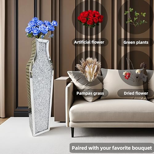 36" Extra Large Double Sided Crushed Diamond Vases, Extra Tall Mirrored Sliver Vase,Floor Vases Decorative Tall, Large Decorative Vase for Home,Office,Hotel Decor(10.6" L x5.37 W x 36" H) - size: 10.6" L x 5.37" W x 36" H