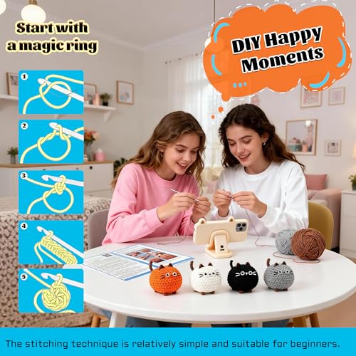 Joyclub Crochet Kit for Beginners 4 PCS Cat Family Learn to Crochet Kit with Step-by-Step Video Tutorials 40% Extra Yarn DIY Craft Gift Amigurumi Crochet Starter for Adults Knitting Lovers Mom Teacher - color: Crochet Cat