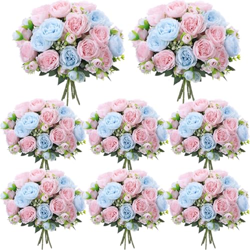 Geosar 8 Bundles Artificial Peonies Flowers Fake Silk Peony Bouquet Faux Peonies Flowers Bulk for Decoration Vase Floral Arrangements Wedding Party Table (Light Pink,Light Blue) - color: Light Pink, Light Blue