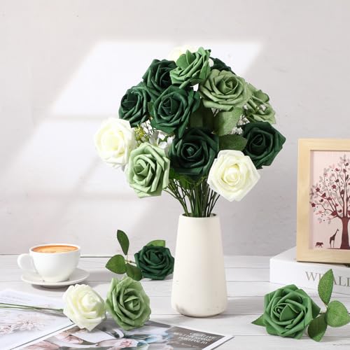 50 Pcs Artificial Foam Rose Flower Faux Bouquet Wedding Fake Rose Gift for Mother's Day Women DIY Bridal Shower Party Table Birthday Home Spring Decor (Gradient Green) - color: Gradient Green