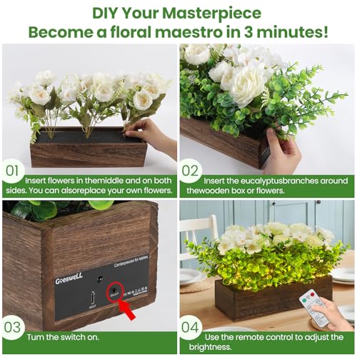 14" Artificial Peony Hydrangea Flowers Arrangement in Rectangular Wooden Planter Box, Rechargeable LED Faux Plants with Remote, Table Centerpieces for Dining Room Coffee Living Room Easter Home Decor