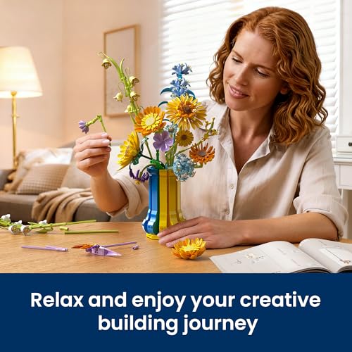Sunflower Bouquet Building Set with Vase, Gift for Mom Wife Women Girlfriends Adults Couple Teens, Artificial Botanical The Starry Night Flower for Home Office Décor (1147 PCS) - color: Yellow and Blue