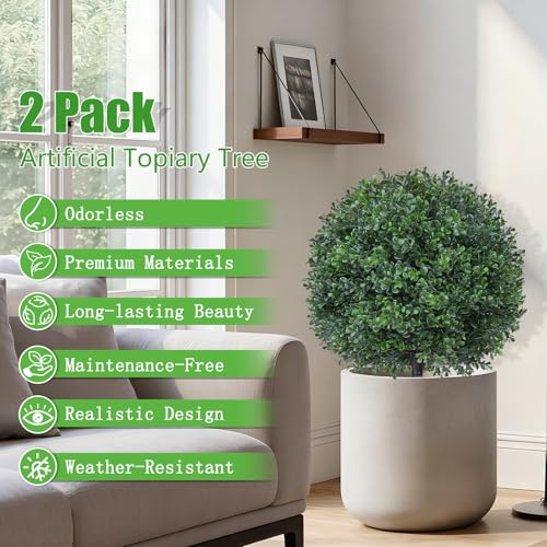 Yangrass 2 Pcs Artificial Boxwood Topiary Ball Trees, All-Season Outdoor Shrubs with Spikes, Decorative Evergreen Topiary Bushes for Front Porch, Garden - color: Boxwood