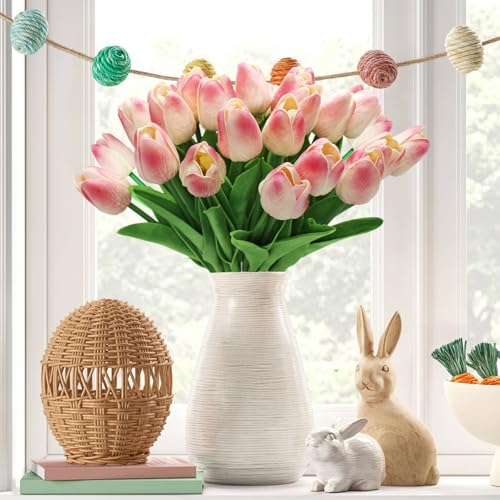 28pcs Pink Flowers Artificial Tulip Stems Real Feel PU Tulips for Easter Spring Wreath Wedding Bouquet Centerpiece Floral Arrangement Cemetery Table Décor 13" Tall - color: Pink