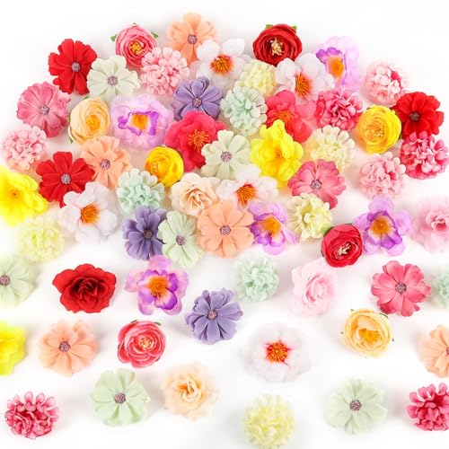 ATTGREAT Fake Flower Heads Mini Silk Flowrs Bulk Small Flower 3D Loose Faux Daisy Rose Sunflowers Plum Blossoms Craft for Wedding Party Cake Baby Shower Home Decor, 110Pcs(Multicolor) - color: Multi Color
