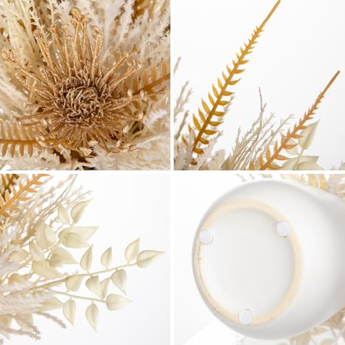 Hollyone Faux Pampas Grass with Vase, Artificial Pampas Grass Flowers Bouquet Plant Fluffy Boho Home Decor Fake Pompass Pompous Grass Floral Arrangement for Wedding Party Table Room Decorations White - color: White