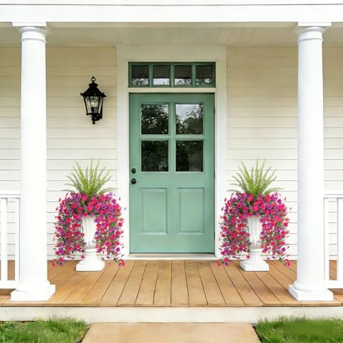 Artificial Fake Hanging Flowers Plants for Outdoor Spring Decoration,3 PCS Faux Silk Daisy with Boston Ferns,UV Resistant Look Real for Outside Home Indoor Planter Porch Patio Balcony Yard Decor - color: Rose Purple