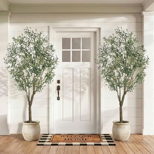 Jocoevol Olive Tree Artificial Indoor 7FT，Tall Faux Olive Tree with White Planter，Realistic Artificial Olive Tree Indoor with Natural Trunk and Lifelike Fruits for Home Office Living Room - size: 7ft