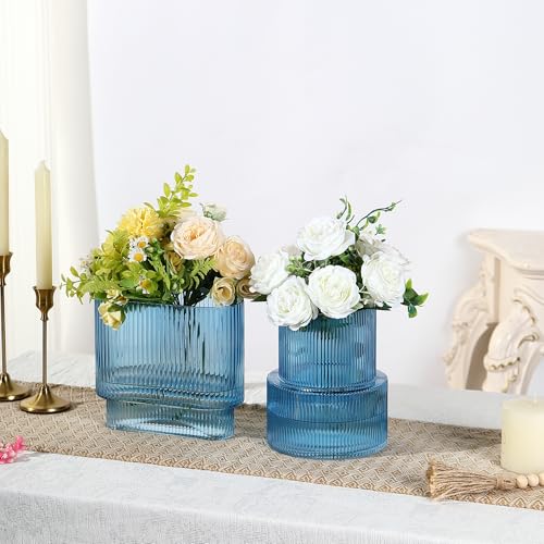 Blue Glass Vases, Set of 2 Ribbed Vases for Flowers, Blue Vase for Tulips, Modern Glass Vase for Living Room, Dining Table, Office, Entryway, Mantle, Bookshelf, Wedding Gifts - color: Blue, size: Ribbed + Oval (2-Pack)