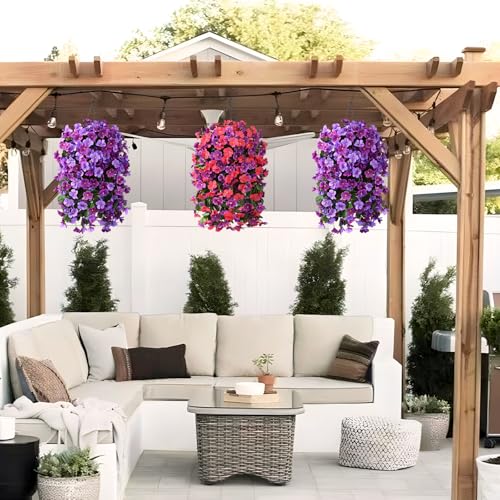 INQCMY Artificial Hanging Flowers Basket for Outdoor Summer Decoration,4pcs Faux Silk Begonia in Planter Look Real UV Resistant for Outside Home Porch Patio Balcony Yard Decor(Orchid Rose Red) - color: Deep Purple Light Purple