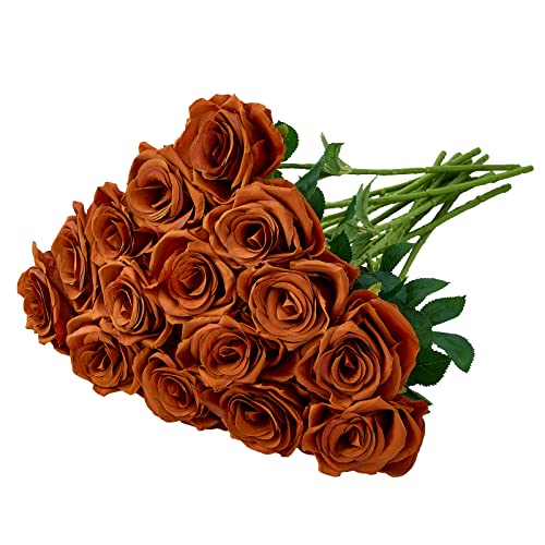 15pcs Burnt Orange Fake Roses Artificial Silk Flowers Faux Rose Flower Long Stems Bouquet for Arrangement Wedding Centerpiece Party Home Kitchen Decor(VASE NOT Included) - color: 15pcs Burnt Orange