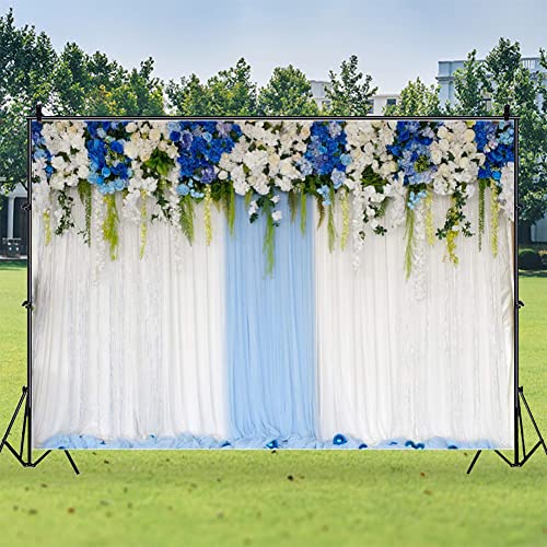 AOFOTO 10x6.5ft Blue White Flowers Curtain Wedding Backdrop Romantic Floral Wall Drapes Bride Groom Ladies Girls Photoshoot Background for Wedding Reception Ceremoney Birthday Cake Table Decor Banner - size: 10x6.5ft