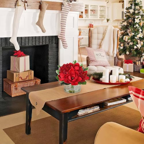 Briful Artificial Magnolia and Hydrangea Flower Arrangement in Glass Vase 9.4" Realistic Red Silk Fake Flower with Faux Water Fake Floral Centerpieces for Home Room Office Table Shelf Décor - color: Red