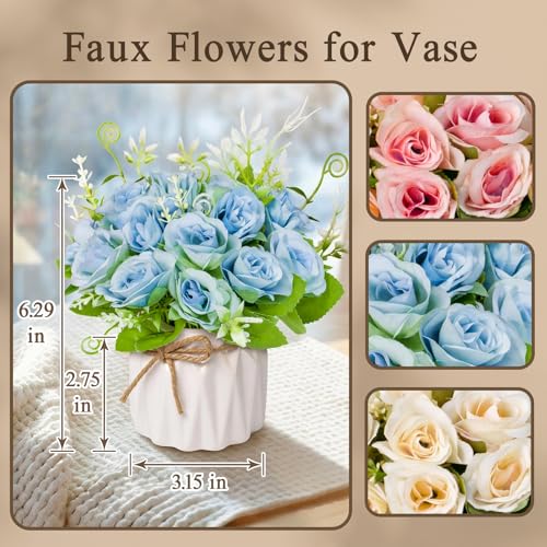 Fake Flowers with Vase,Blue Roses Artificial Flowers in Vase | Faux Flower Plant Arrangement,No Maintenance Faux Flower Arrangement, 6.3 Inch Realistic Table Decor for Home Office Wedding - color: Blue