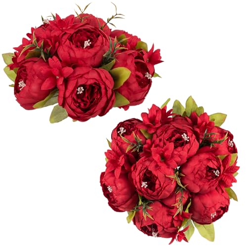NUPTIO Peony Artificial Flowers for Centerpieces: 2 Pcs 9.4 inch Diam Red Faux Peony Flowers Fake Flower Balls Arrangement Bouquet Wedding Centerpieces for Tables Wedding Centerpiece Decorations - color: Red