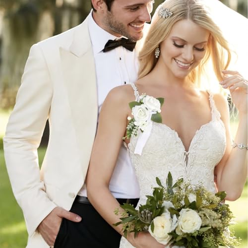White Pearl Wedding Shoulder Corsage Artificial Flowers 2pcs Fake Rose Silk Wrist Flowers for Girl/Mother Homecoming/Prom Anniversary Corsages Wrist Decor (White Pearl) - color: White Pearl