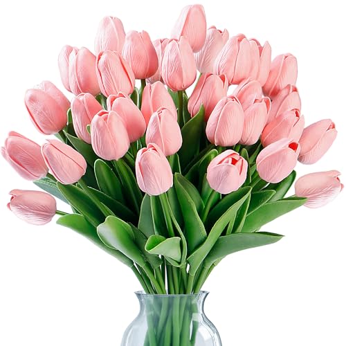Sggvecsy 30 Pcs Fake Tulips Artificial Flowers Real Touch PU Faux Flowers Tulip Stems for Wedding Spring Bouquet Floral Arrangement Home Party Office Decorations for Mother's Day (Milk Pink) - color: Milk Pink, size: 30 Pcs