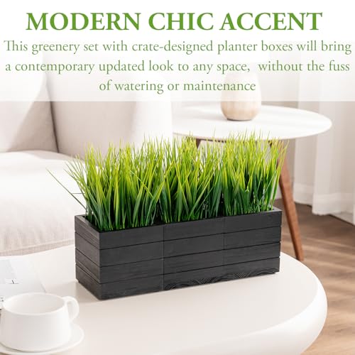 MyGift Artificial Green Grass Plants in Vintage Black Wood 4 Inch Planter Boxes, Faux Greenery in Decorative Square Crate Style Wooden Containers, Set of 3 - color: Black Wood