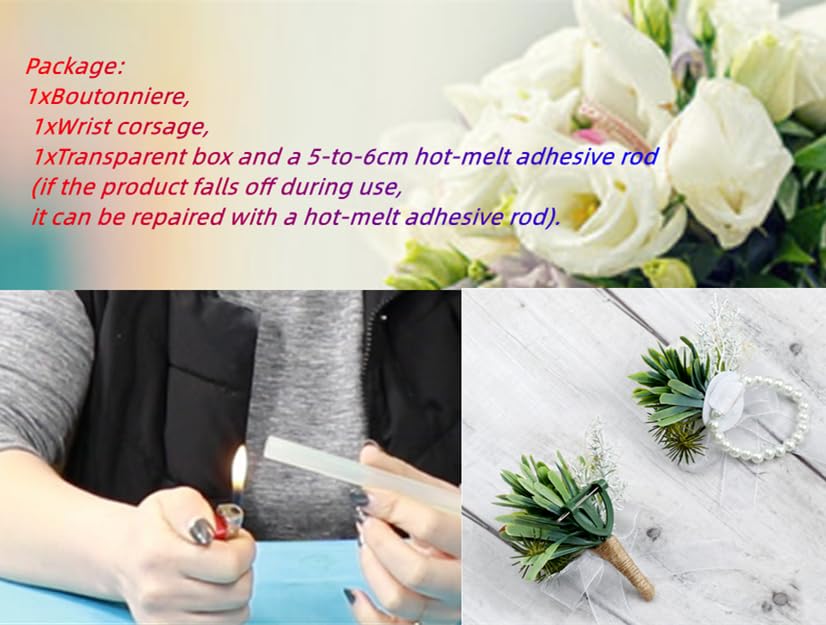 Rikyo Corsage Set, Includes Wrist Corsage and Boutonniere - Red, Handmade Petals Hair Hat Wreath for Wedding, Prom, Party Decor, Handmade Costume Headwear for Women and Men - color: Red