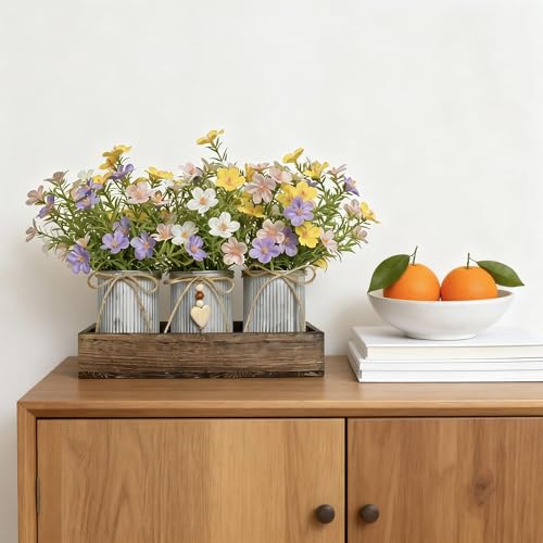 Artificial Gypsophila Baby's Breath, Rustic Table Centerpieces Home Decor for Dining Room, Farmhouse Wood Planter Box with 3 Galvanized Metal Pots Decorative Table Centerpiece - style: Milan Flowers