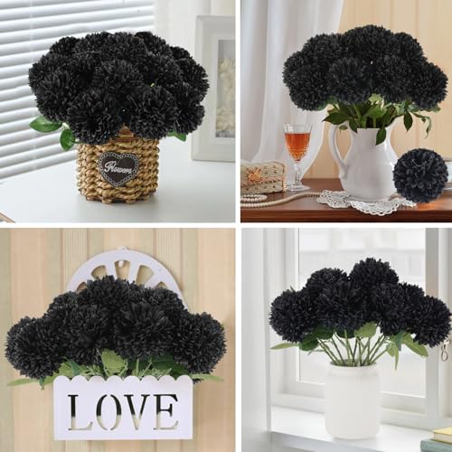 Hananona 12 Pcs Artificial Chrysanthemums Flowers Ball Flower, Fake Mums Flowers Black Silk Plants for Ghothic Home Decor Indoor Floral Arrangement Halloween Table Centerpiece (12, Black) - color: Black
