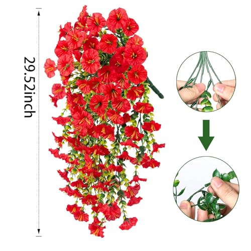 Hanging Morning Glory Artificial Flowers for Outdoors,Faux Plant,Decoration Plastic Flowers for Outside,Garden,Home Decor,Wedding Events,Patio,Porch,Yard(Red,2 Bunches/4Pcs) - color: Red, size: 2 Bunches/ 4Pcs