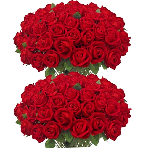 Ouddy Decor 50 Pcs Fake Red Roses Artificial Flowers Bulk Real Touch Velvet Silk Flowers with Long Stems for Wedding Bridal Bouquet DIY Table Centerpiece Valentines Home Decor, Red - color: Red, size: 50 Packs