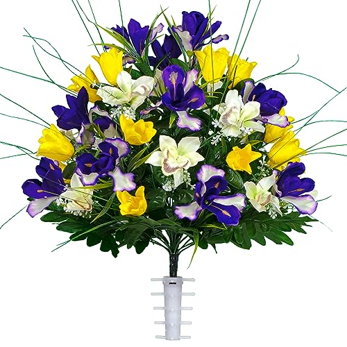 Sympathy Silks Artificial Cemetery Flowers - Grave Decoration - Yellow Tulips and Purple Iris (1) Headstone Saddle (1) Bouquet (1) Vase - color: Yellow/Purple, size: (1) Saddle (1) Bouquet (1) Vase