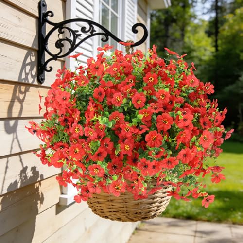 24 Bundles Artificial Flowers for Outdoors, UV Resistant Faux Flowers for Outdoor Planters, Fake Flowers for Outside Porch Patio Window Box, Mixed Color Daisy Bushes for Garden Decor(Red) - color: Red