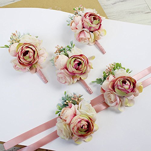 USIX 2pc Pack-Handmade Artificial Peony Flower Wrist Corsage with Satin Wristband for Girl Bridesmaid Wedding Party Prom Flower Corsage Hand Flower (Pink Wrist Corsage x2) - color: Pink Wrist Corsage X2