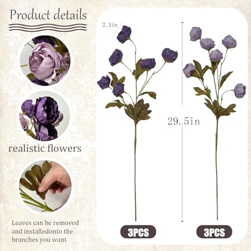LESING Artificial Peony for Vase, 6 Pcs Fake Peonies 28'' Faux Silk Flowers Bulk Branches with Stems for Tall Vase Home Decoration Table Centerpiece (Purple) - color: Purple