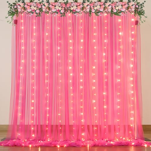 Hot Pink Tulle Backdrop Curtain with Lights for Parties 10x8ft Fuchsia Sheer Backdrop Curtains for Weddings Birthday Baby Shower Photo Shoot Background Decorations - color: Hot Pink, size: 10 ft X 8 ft(2 Panels 5ft X 8ft)