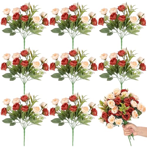 Zeyune 8 Pack Artificial Mini Burnt Orange and Champagne Roses 12 Inch Fake Flowers with Stems 80 Small 1.6 Inch Flower Heads Silk Mini Rose Bouquets for Wedding Bridal Bouquets Home Party Decor - color: Burnt Orange and Champagne