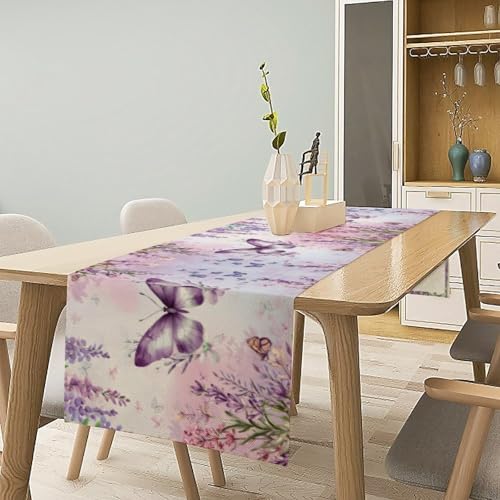 Butterfly Table Runner,Spring Purple Lavender Floral Table Runner for Holiday Kitchen Living Room Home Party Decor 13x36 Inch - color: Butterfly-12, size: 13x36in