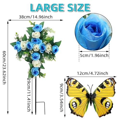 Artificial Cemetery Flowers,Set of 2 Faux Floral Cross,Artificial Rose Bouquet Decoration for Cemetery Headstones Gravesites,Silk Flowers for Long-Lasting Remembrance (Blue) - color: Blue