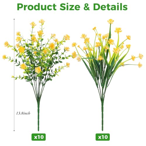 20 Bundles Artificial Flowers for Outdoors Fake Plastic Flowers UV Resistant Realistic Faux Plants Shrubs for Spring Summer Garden Porch Yard Patio Planter Window Box Home Decor, Yellow - color: Yellow
