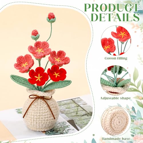 Marsui Crochet Flower Bouquet with Vase Forget-Me-Not Flowers Pot Crocheted Flower Handmade Knitted Potted Flowers Gift for Wome Coworker Father's Gifts Back to School Gift Home Decoration (Red) - color: Red, style: Forget-me-not