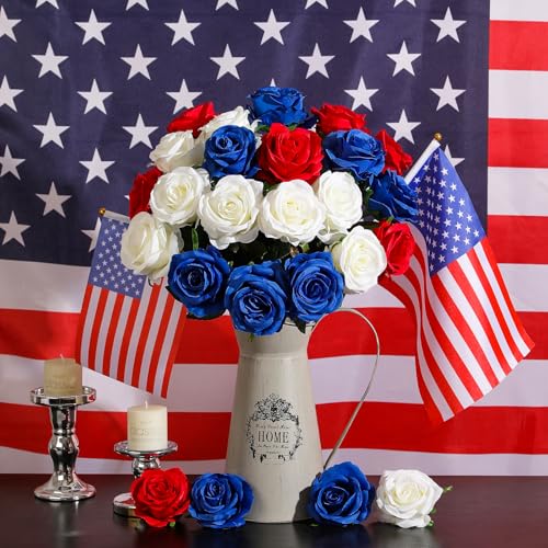 Hawesome 12PCS Artificial Silk Flowers Realistic Roses Bouquet Long Stem for Home Wedding Decoration Party (Red, White, Blue, 12Pcs Flowers) - color: Red, White, Blue, size: 12Pcs Flowers