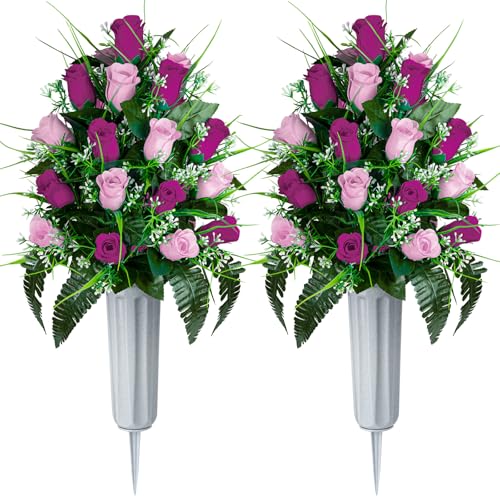Artificial Cemetery Flowers - Set of 2 Grave Memorial Rose Flowers with Vase for Cemetery Headstones Gravesites Decoration (Purple & Pink) - color: Purple & Pink