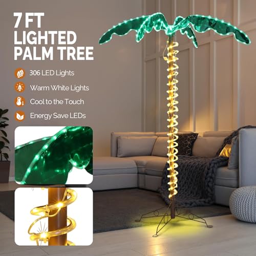 VINGLI 7FT Lighted Palm Tree, Outdoor Artificial Palm Tree with Lifelike Leaves and Rope LEDs for Outside Patio Pool Yard Holiday Decor - size: 7ft 3in