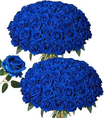 50 PCS Blue Roses Artificial Flowers, Fake Roses with Stem Realistic Silk Roses for DIY Wedding Bouquets Tables Centerpieces Arrangements Baby Shower Birthday Home Decor Independence Day Gift for Her - color: Blue
